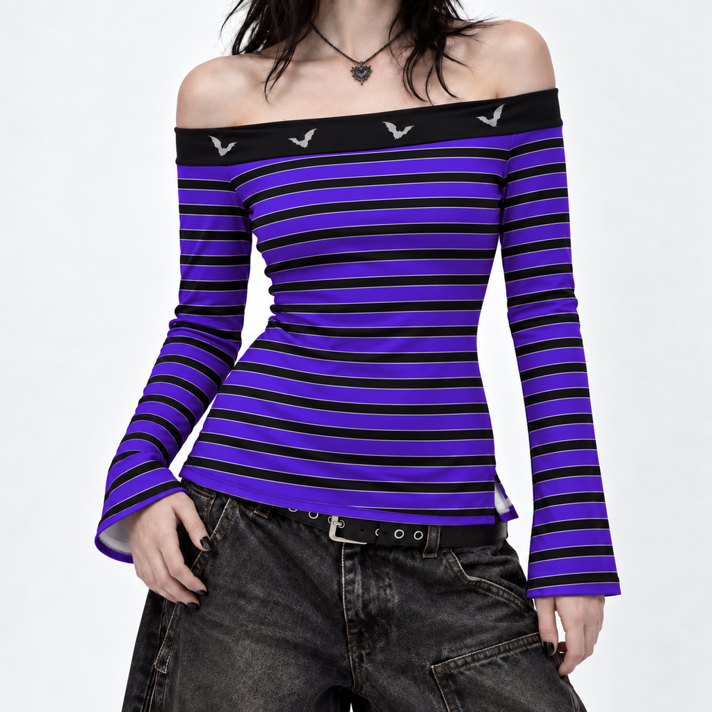 Damen Gothic Oberteil Schulterfrei mit Fledermäusen | Purple Sky Bat