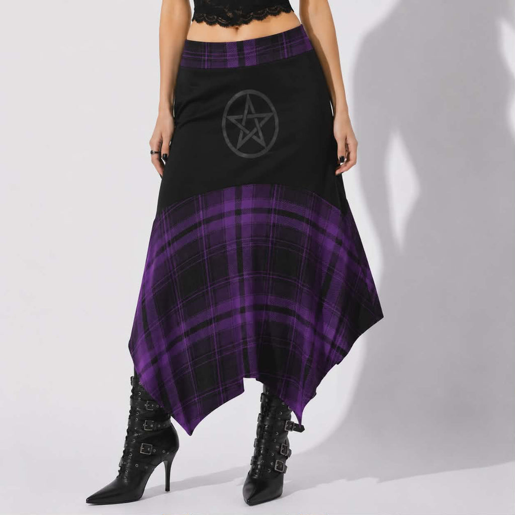 Gothic asymmetrischer Witchcore-Rock – Lila Karomuster & Pentagramm | Alternativer Gothic-Midi-Rock | Dark Academia | 180 GSM