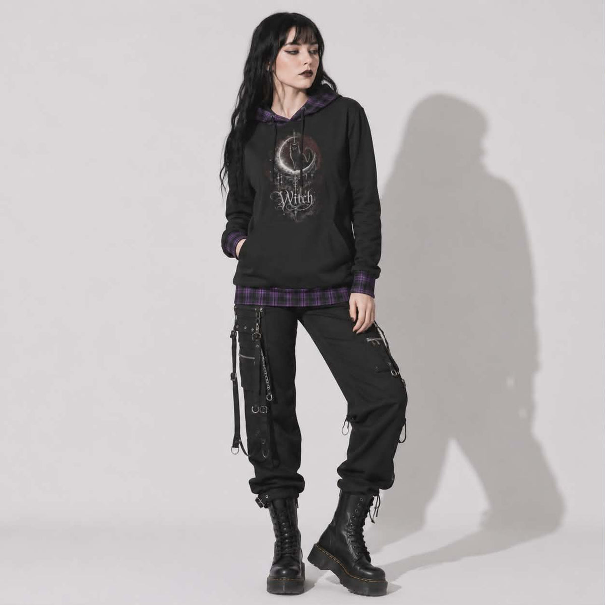 Gotischer Witchcore-Hoodie mit Katze und Mondphasen | Lunar Cat Coven Hoodie