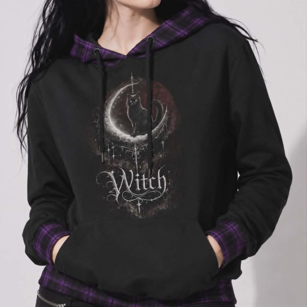 Gotischer Witchcore-Hoodie mit Katze und Mondphasen | Lunar Cat Coven Hoodie