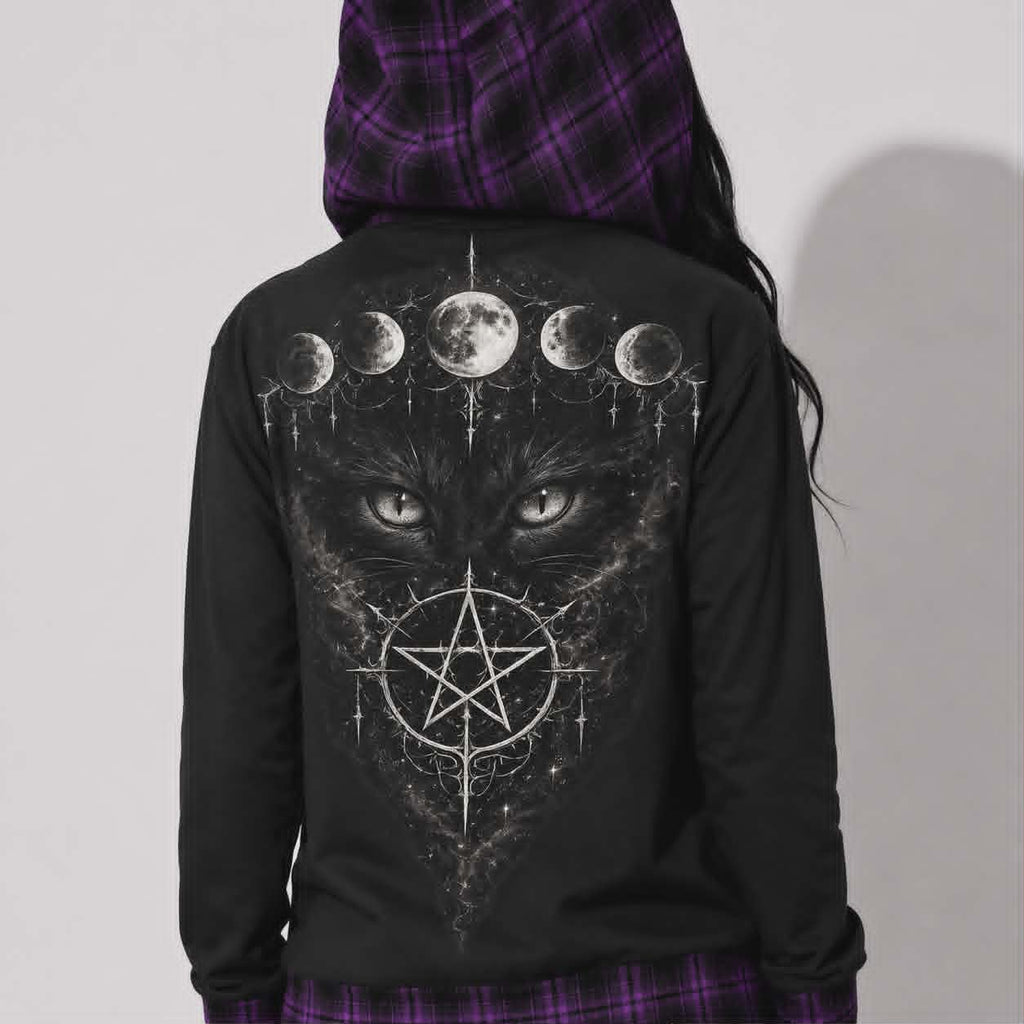 Gotischer Witchcore-Hoodie mit Katze und Mondphasen | Lunar Cat Coven Hoodie