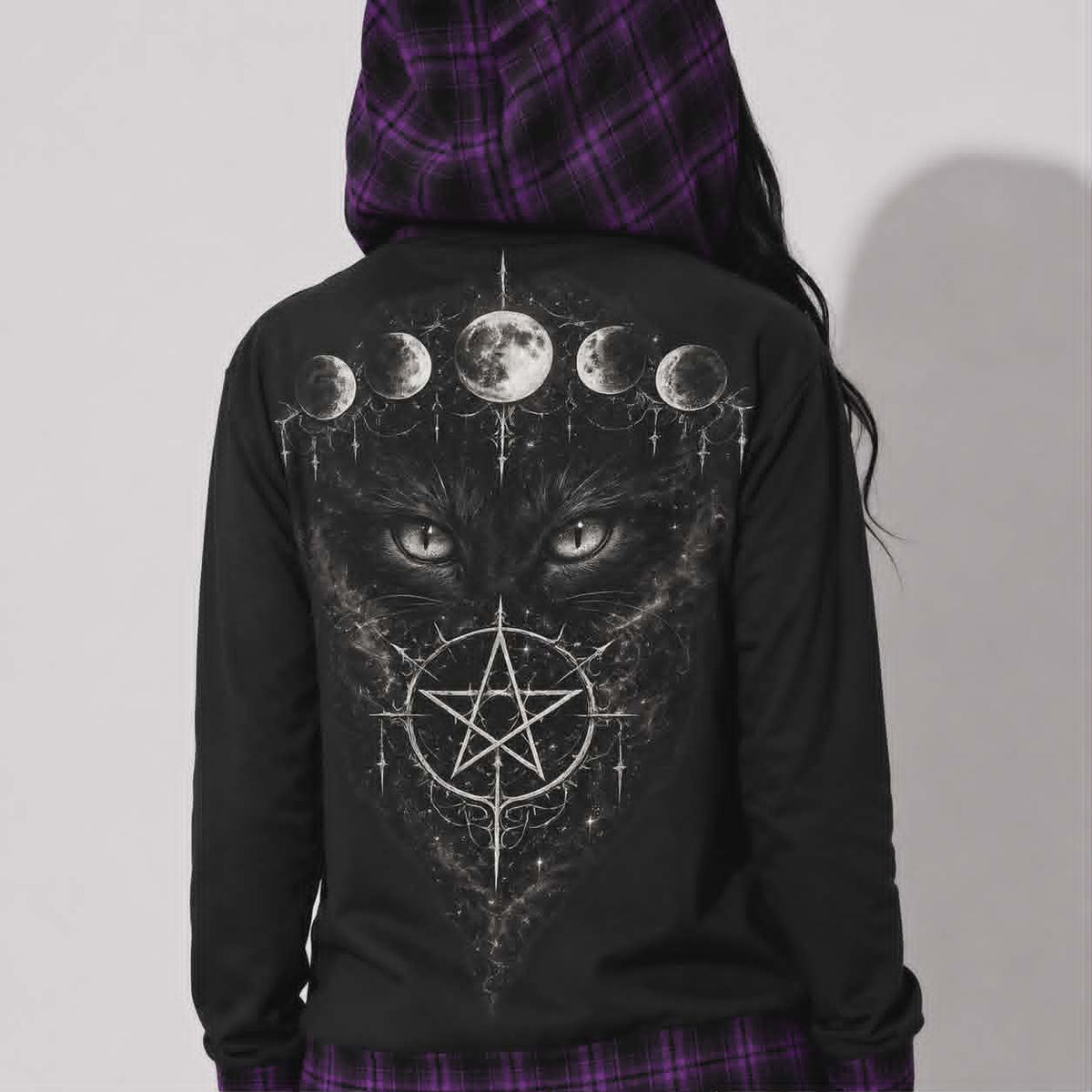 Gotischer Witchcore-Hoodie mit Katze und Mondphasen | Lunar Cat Coven Hoodie