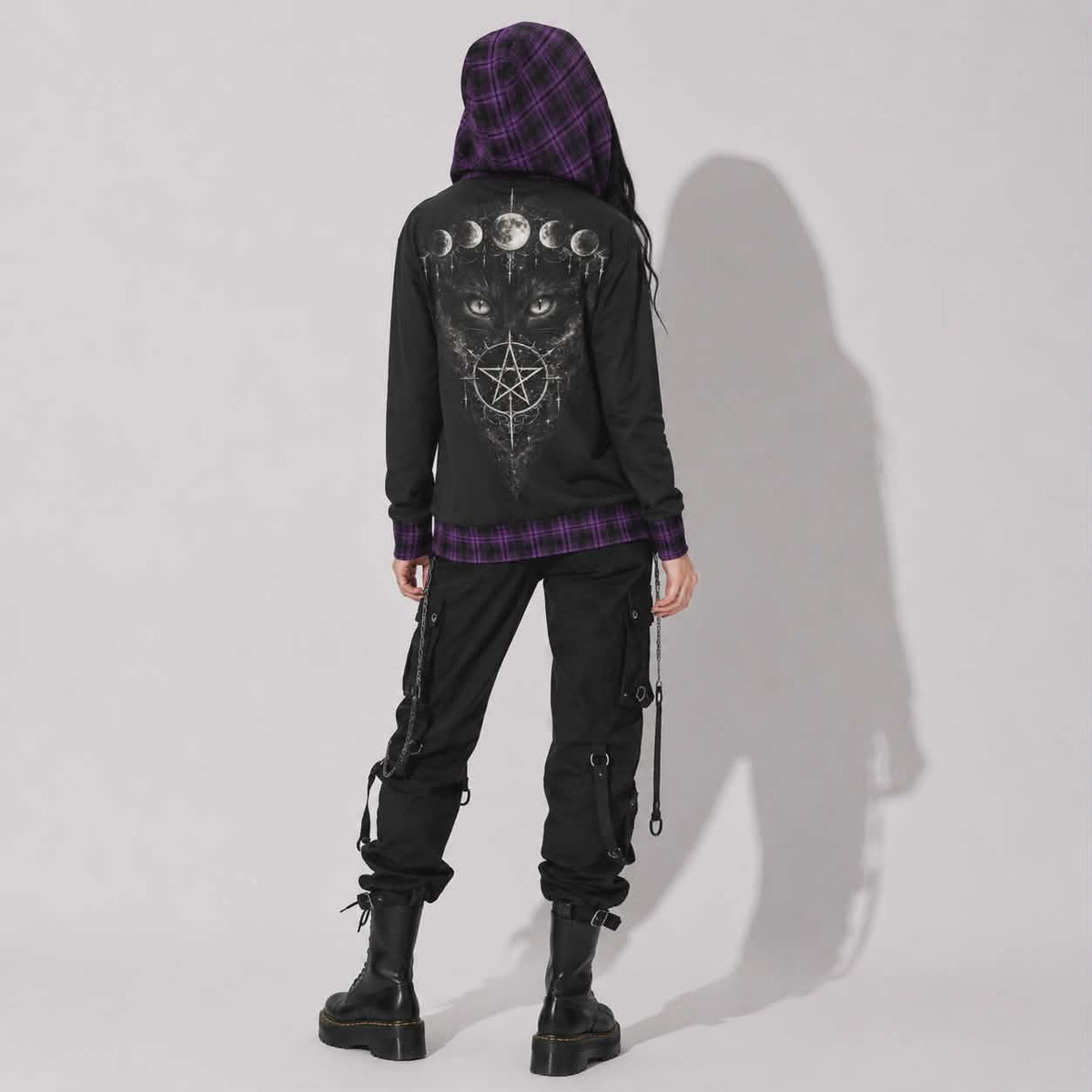 Gotischer Witchcore-Hoodie mit Katze und Mondphasen | Lunar Cat Coven Hoodie
