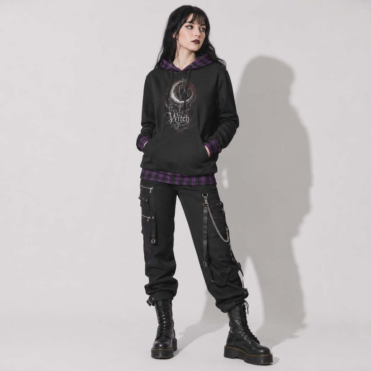 Gotischer Witchcore-Hoodie mit Katze und Mondphasen | Lunar Cat Coven Hoodie