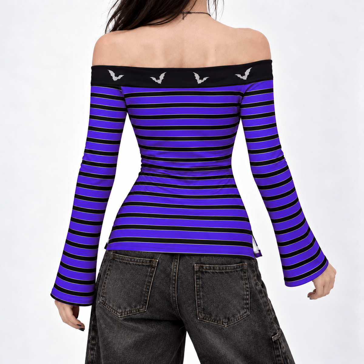 Damen Gothic Oberteil Schulterfrei mit Fledermäusen | Purple Sky Bat