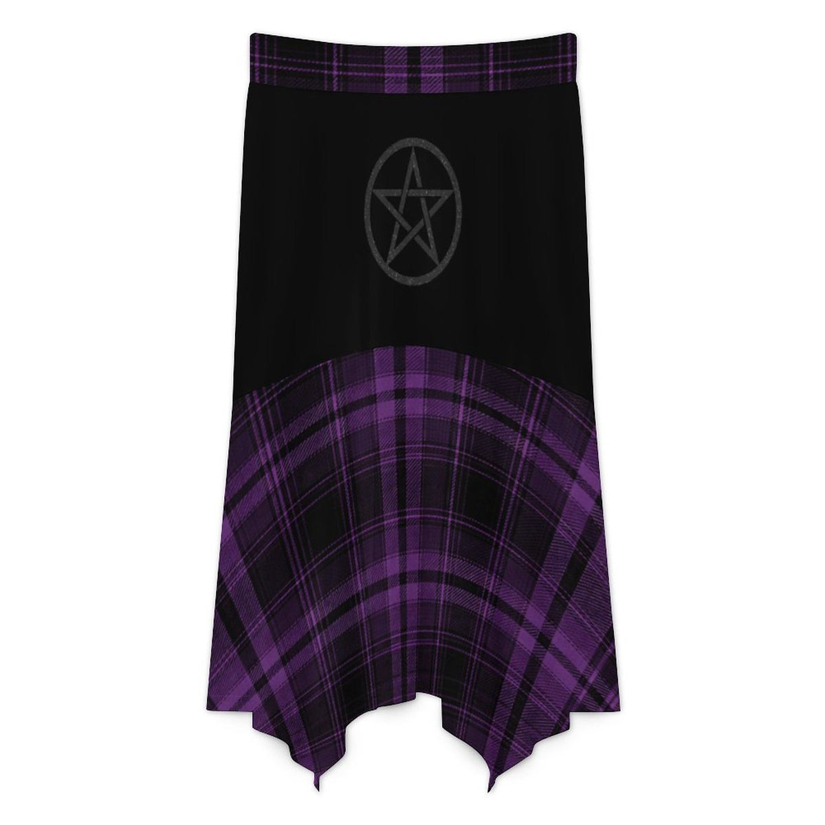 Gothic asymmetrischer Witchcore-Rock – Lila Karomuster & Pentagramm | Alternativer Gothic-Midi-Rock | Dark Academia | 180 GSM