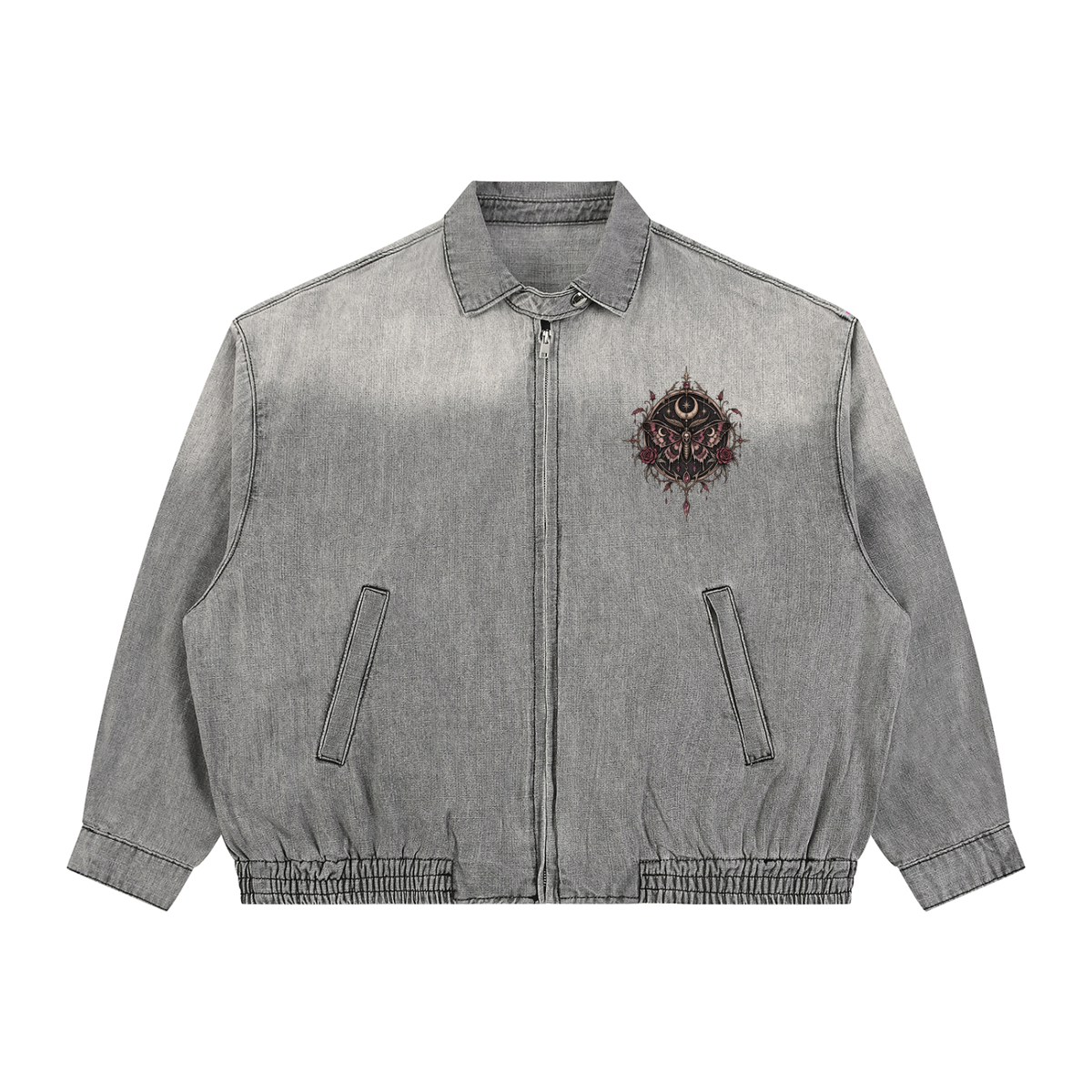 Gotische Unisex-Jeansjacke Wicca | Totenkopfschwärmer und Mond | Death Moth Ritual