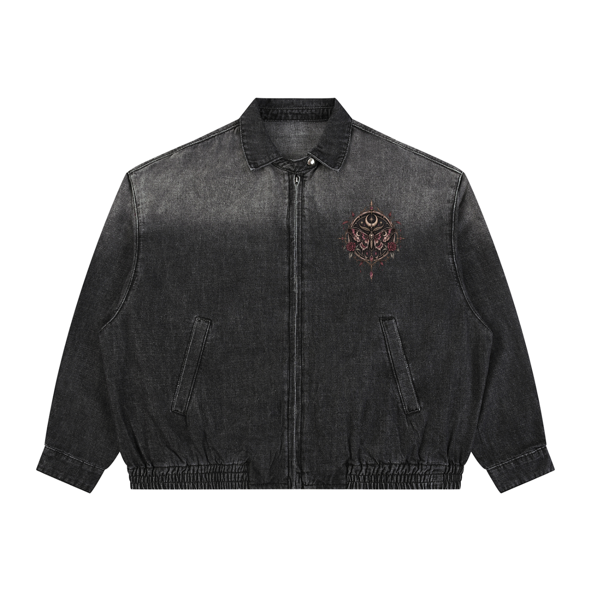 Gotische Unisex-Jeansjacke Wicca | Totenkopfschwärmer und Mond | Death Moth Ritual