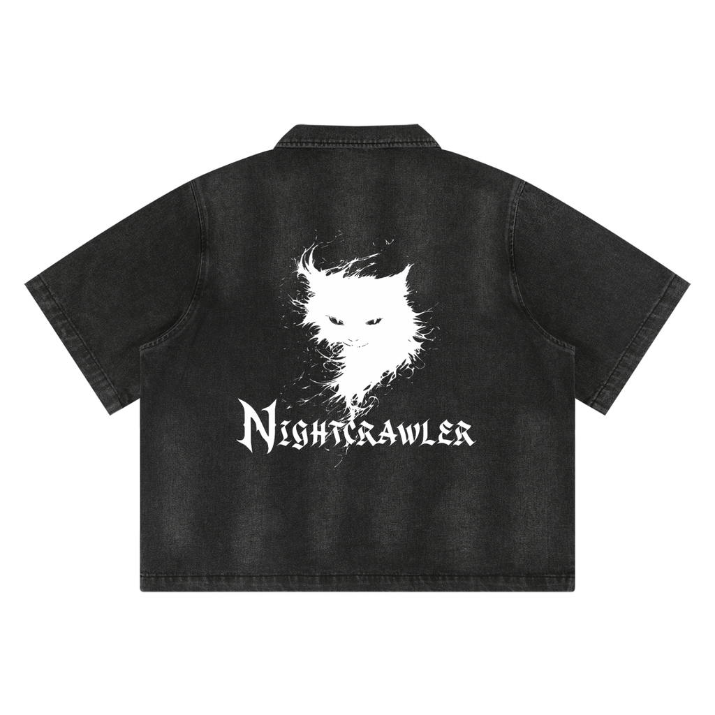 Herren Gothic Grunge Denimhemd mit Reißverschluss | NIGHTCRAWLER – Washed Black 285 GSM