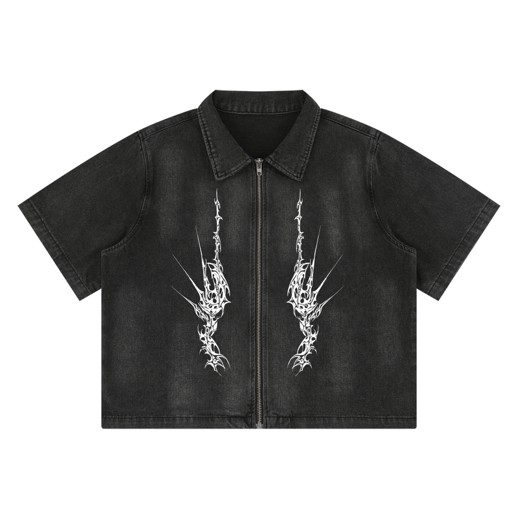 Herren Gothic Grunge Denimhemd mit Reißverschluss | NIGHTCRAWLER – Washed Black 285 GSM
