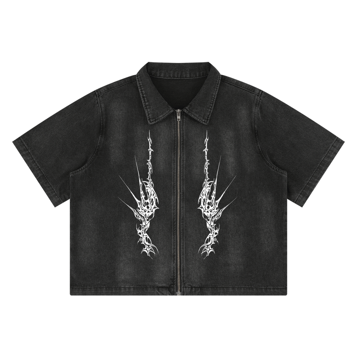 Herren Gothic Grunge Denimhemd mit Reißverschluss | NIGHTCRAWLER – Washed Black 285 GSM