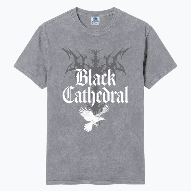 Gotisches Unisex-T-Shirt Mineral Wash Black Cathedral I – The Raven’s Call