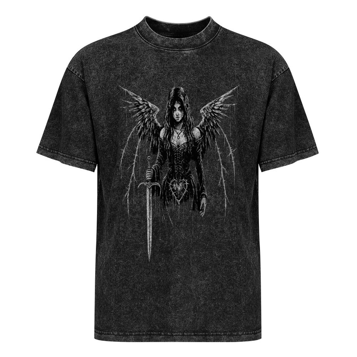 Gotisches Oversize-Shirt Vintage Washed | Dark Fallen Angel | Y2K Goth Washed Tee 190 GSM