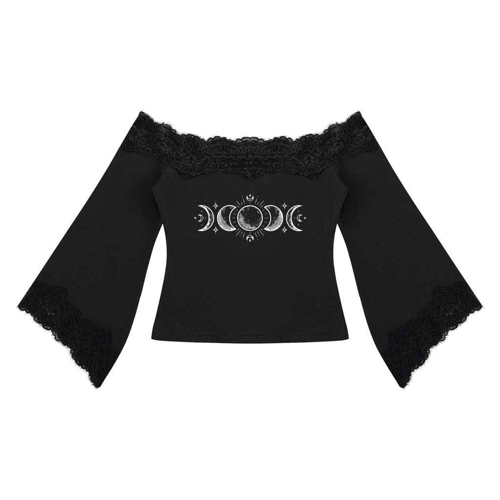 Gothic Damen Oberteil mit Spitze, Carmen-Ausschnitt und Trompetenärmeln | Lunar Veil – Black Rose