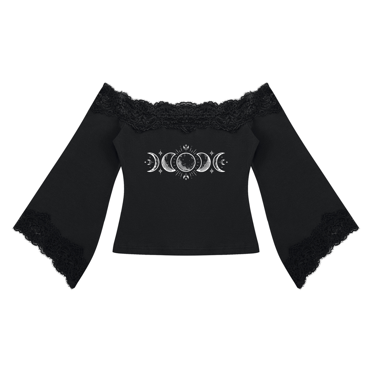 Gothic Damen Oberteil mit Spitze, Carmen-Ausschnitt und Trompetenärmeln | Lunar Veil – Black Rose