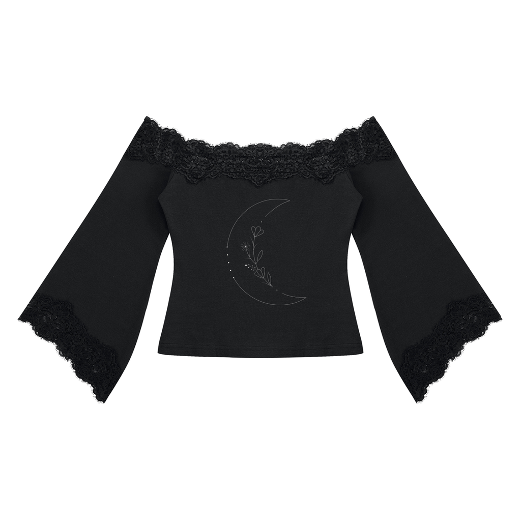 Gothic Damen Oberteil mit Spitze, Carmen-Ausschnitt und Trompetenärmeln | Lunar Veil – Black Rose