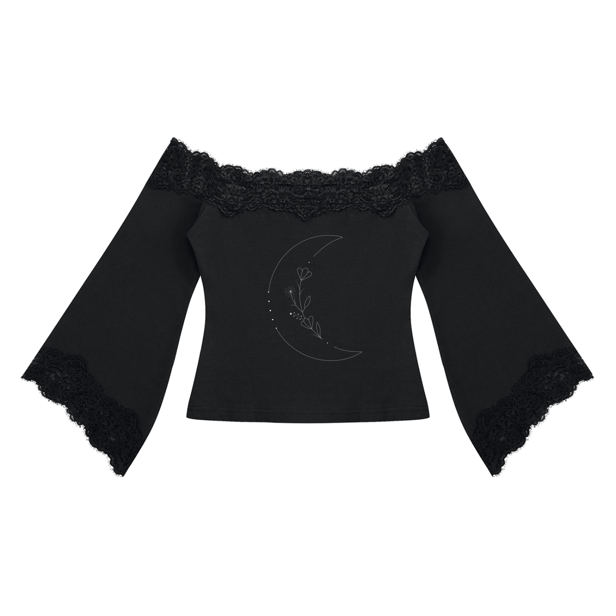 Gothic Damen Oberteil mit Spitze, Carmen-Ausschnitt und Trompetenärmeln | Lunar Veil – Black Rose